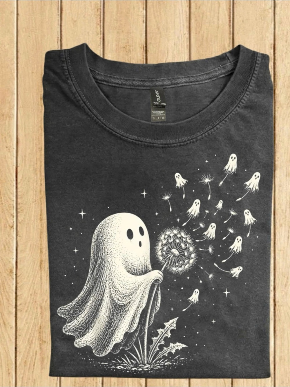 Gildan Black Short Sleeve Tee with White Ghost & Dandelion Graphic